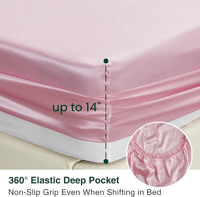 Love's cabin Satin King Sheet Sets - 4 Piece Pink Silky Sheets King Size Bed Set with Deep Pocket, Luxury Silk Feel King Size Satin Sheet Set (1 Flat Sheet,1 Fitted Sheet,2 Pillow Cases)