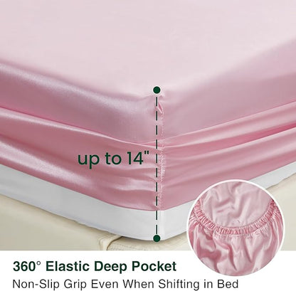 Love's cabin Satin Queen Sheets Set - 4 Piece Pink Silky Bed Sheets Set with Deep Pocket, Luxury Silk Feel Satin Queen Size Sheet Set (1 Flat Sheet,1 Fitted Sheet,2 Pillow Cases)