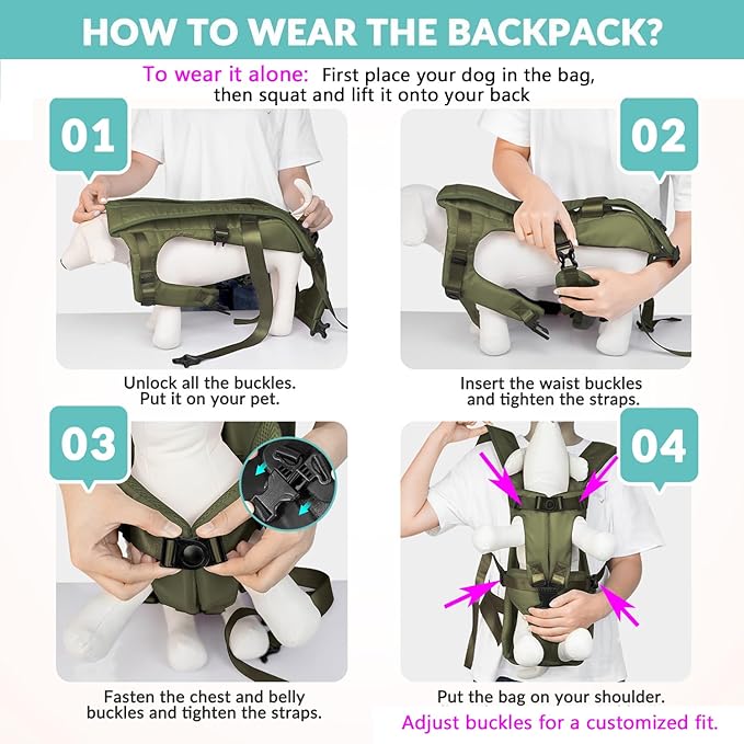 Lukovee Dog Backpack Carrier, Legs Out Easy-fit Dog Front Carrier for Small Medium Dogs, Adjustable Hands Free Dog Chest Carrier for Hiking Cycling (Green,Small)-Mewly Pet