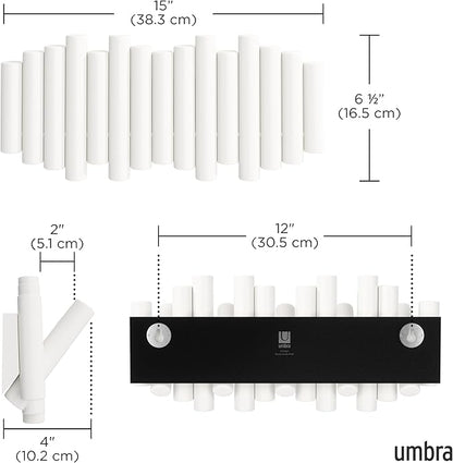 Umbra Picket Wall-Mounted Coat Rack Rail Hook with 5 Retractable Wood Pegs – Modern, Space-Saving Storage Organizer, White