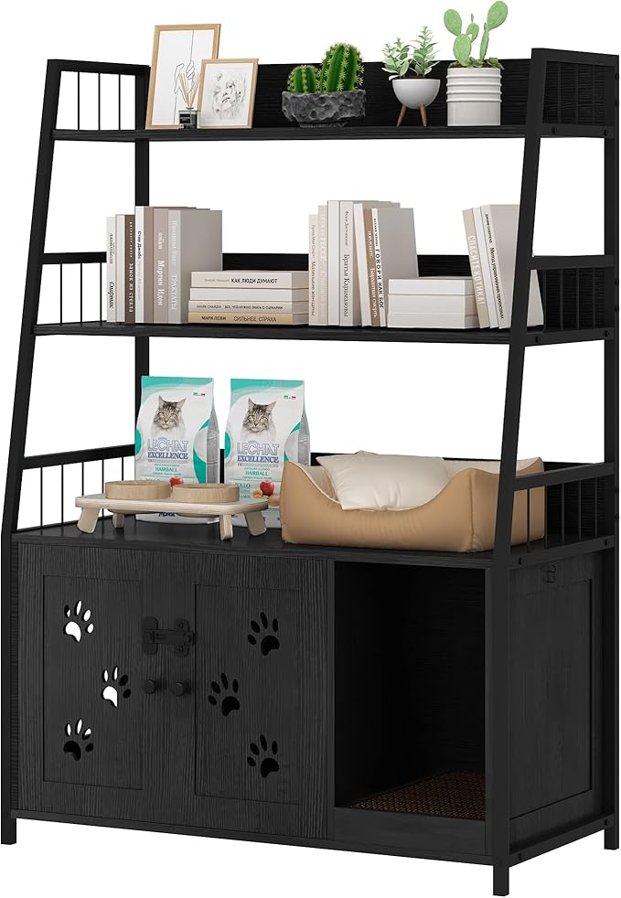 Recaceik Large Cat Litter Box Enclosure with Shelf Storage, Hidden Cat Washroom Furniture, Wooden Cat House with Scratch Pad, Sturdy Indoor Cat Cabinet with 2 Doors, Black-Mewly Pet