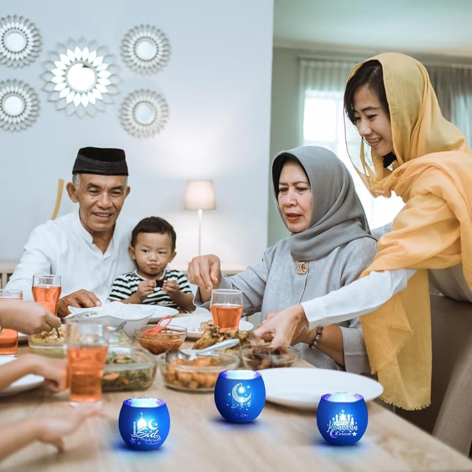 VIHOSE 3 Set Ramadan Decorations Eid Mubarak Votive Candle Holders Ramadan Glass Tea Light LED Battery Operated Candles Flameless Lights for Home Mubarak Party Islamic Muslim Table Centerpieces Decor