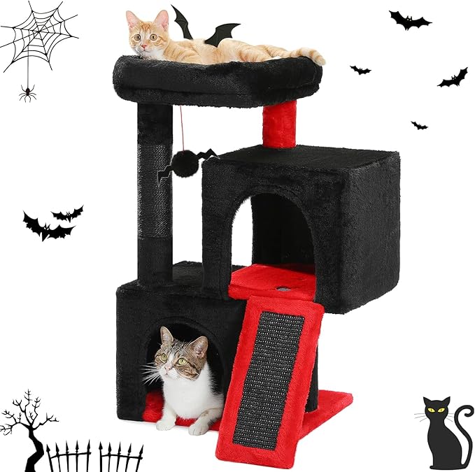 PAWZ Road Gothic Cat Tree, 30 Inches Black Cat Tower with Dual Condos for Indoor Cats, Spooky Cat House with Padded Perch, Scratching Ramp and Posts and Bat Toys-Mewly Pet