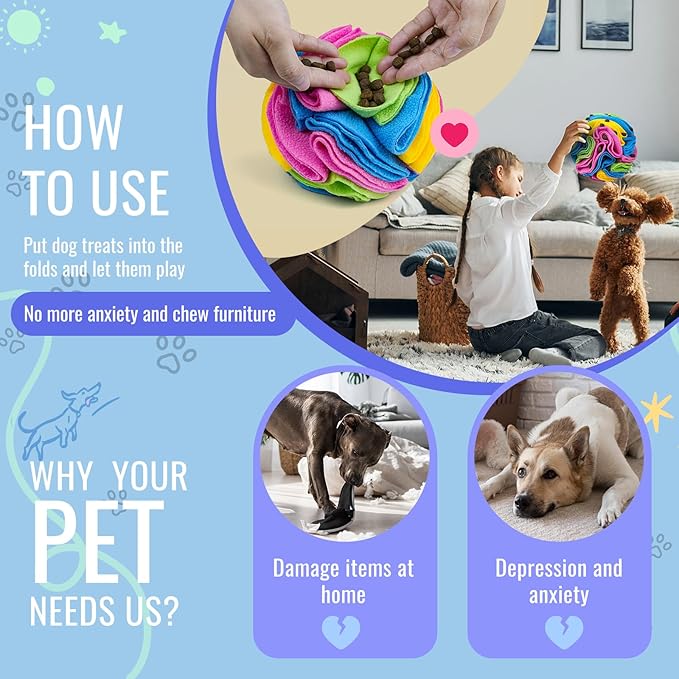 Pet Snuffle Ball, Puzzle Sniffing Interactive Dog Ball for Blind Dogs Training Stress Relief Dog Enrichment Toys Treat Machine Washable (15cm, New Rainbow Color)-Mewly Pet