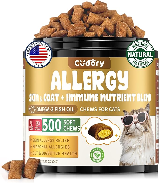 Cat Allergy Relief for Cats, Crunchy & Creamy Chews for Immune & Skin Coat Support – Seasonal Allergies, Itching Relief, Omega 3 & Probiotic Natural Supplement for Cats, Chicken Flavor – 500 Chews-Mewly Pet
