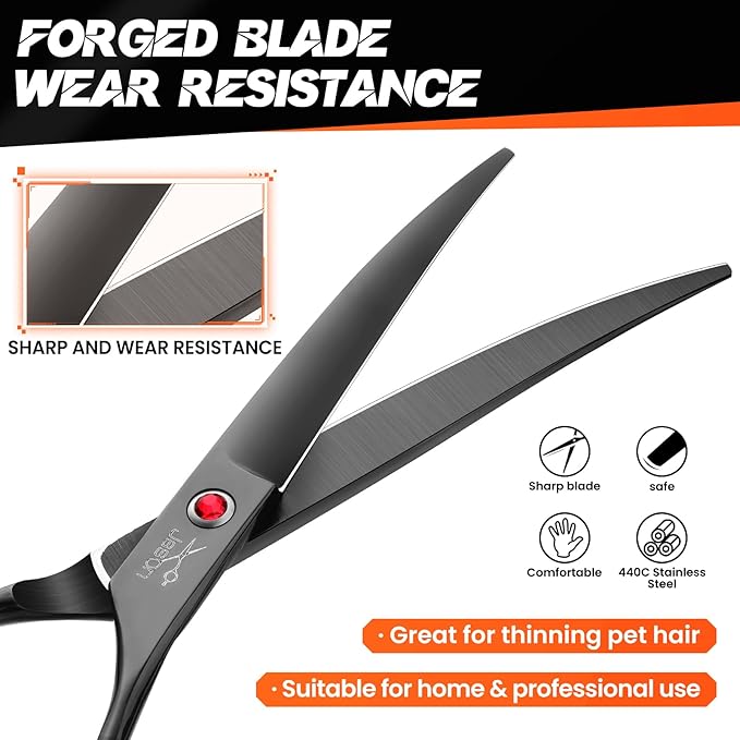 JASON 7.5" Dog Grooming Scissor - Professional Down-curved Shear with Ergonomic Handle Japanese Stainless Steel Hair Scissor for Dogs, Cats and Other Pets, Sharp (Down-curved, Black)-Mewly Pet