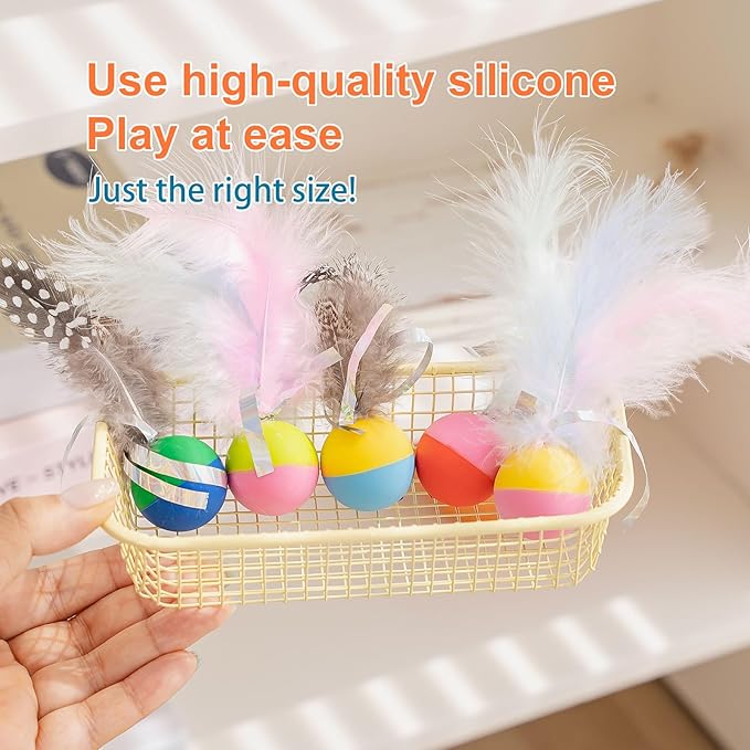 Plumed Cat Ball Toy for Indoor Cats, Assorted Color, Silicone Bouncy Ball Toy Set (5PCS)-Mewly Pet