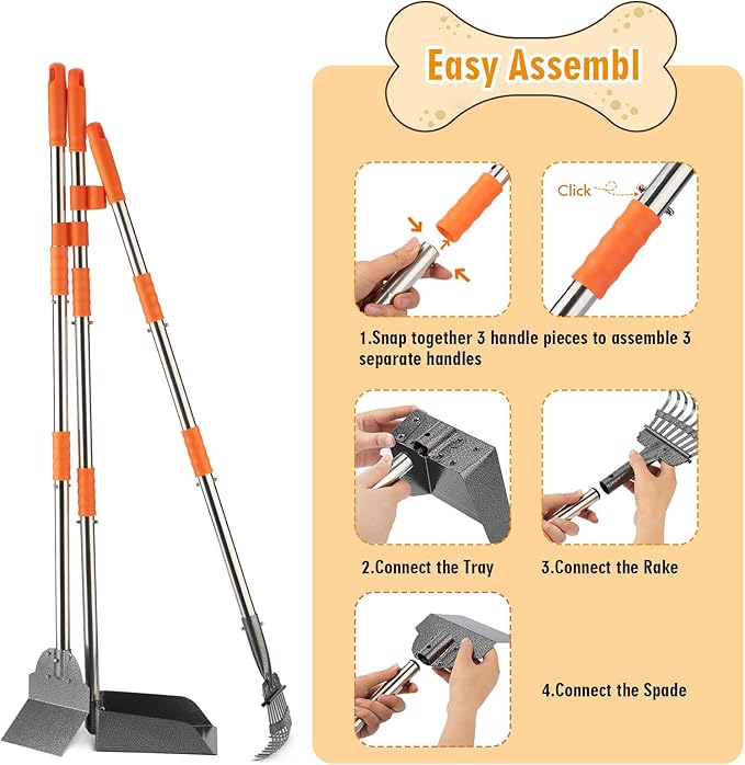 TIMINGILA Pooper Scooper Dog Pooper Scooper Long Handle Stainless Metal Tray Rake Spade Set for Large Medium Small Dogs Easy to Clean Pet Waste Use for Yard, Grass, Dirt or Gravel - Pet Supplies-Mewly Pet