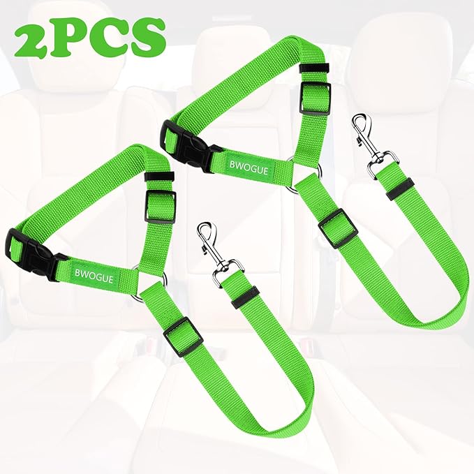 BWOGUE 2 Packs Dog Cat Safety Seat Belt Strap Car Headrest Restraint Adjustable Nylon Fabric Dog Restraints Vehicle Seatbelts Harness Green-Mewly Pet