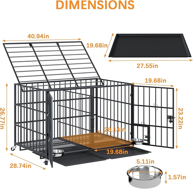 aboxoo 42/48 inch Heavy Duty Metal Dog Crate for 2 Dogs/Large Dog,All Metal Open Top Stackable,Dog Kennel Indoor with Wheels,Floor Grid, Tray, Divider and Feeding Bowl-Mewly Pet