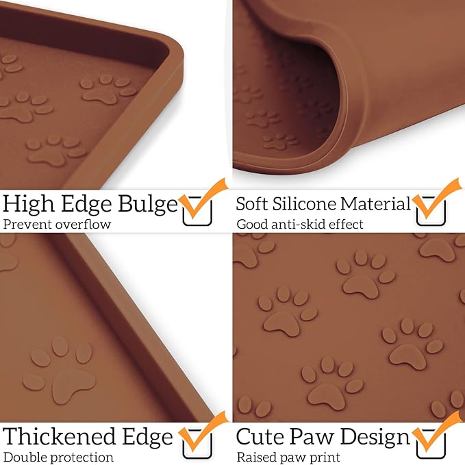 Ptlom Pet Placemat for Dog and Cat, Waterproof Silicone Pet Feeding Bowl Mats for Food and Water, Small Medium Large Dogs Mat Prevent Residues from Spilling to Floor, Brown, 24.5" 16.5"-Mewly Pet
