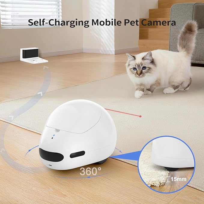 Cat Camera with Interactive Pointer Toy, Moving Robot for Dog and Cat, Mobile Pet Camera Treat Dispenser with Phone App, Auto Recharging and Night Vision, Two-Way Audio (2.4G Wi-Fi Only)-Mewly Pet
