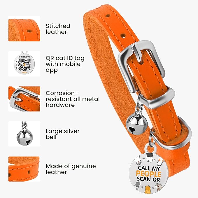 BRONZEDOG Leather Cat Collar with Removable Bells Non Breakaway Kitten QR Tag for Girl Boy (7" - 9" for Cats, Orange & Silver)-Mewly Pet