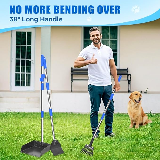 Larger Pooper Scooper Dog Pooper Scooper for Large Medium Small Dogs Heavy Duty Stainless Steel with Long Handle Tray Rake Shovel for Yard-Mewly Pet
