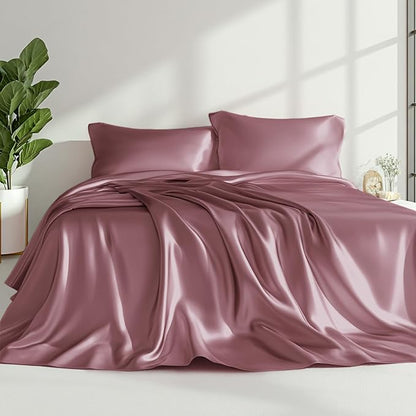 Love's cabin Satin Queen Sheets Set - 4 Piece Rose Taupe Silky Bed Sheets Set with Deep Pocket, Luxury Silk Feel Satin Queen Size Sheet Set (1 Flat Sheet,1 Fitted Sheet,2 Pillow Cases)