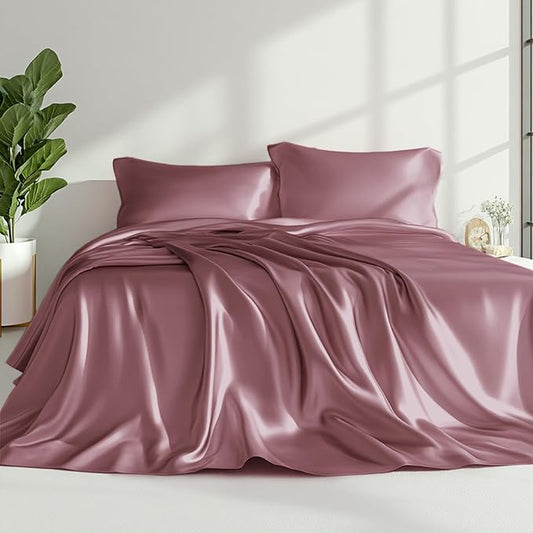 Love's cabin Satin Queen Sheets Set - 4 Piece Rose Taupe Silky Bed Sheets Set with Deep Pocket, Luxury Silk Feel Satin Queen Size Sheet Set (1 Flat Sheet,1 Fitted Sheet,2 Pillow Cases)