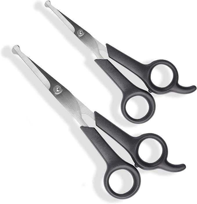 Pets First #1 Pet Grooming Scissors Body & Facial Trimmer Durable Stainless Steel Blades. Rounded Tips Shears for Long Medium Short Thick Wiry Curly Hair. Lightweight Cutter for Dogs & Cats. Set of 2-Mewly Pet