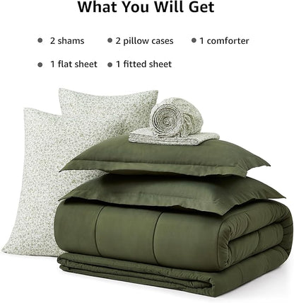 Monbix Full Comforter Set - 7 Pieces Olive Green Bed in a Bag Full Size Track Stitching Bedding Sets, All Seasons Down Alternative Comforter with Sheets,Pillowcases & Shams