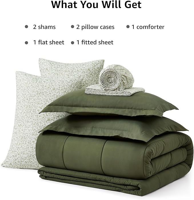 Monbix Queen Comforter Set - 7 Pieces Olive Green Bed in a Bag Queen Track Stitching Bedding Sets, All Seasons Down Alternative Comforter Bed Set with Sheets,Pillowcases & Shams