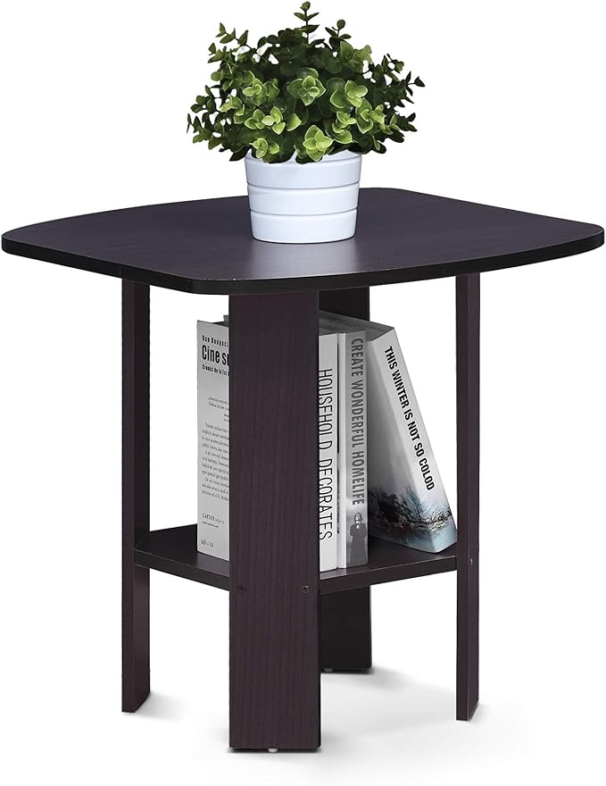 Furinno SIMPLE DESIGN Side Table, 2-Tier End Table, Open Shelves Night Stand, Bedside Table, for Living Room, Bedroom, Dark Walnut