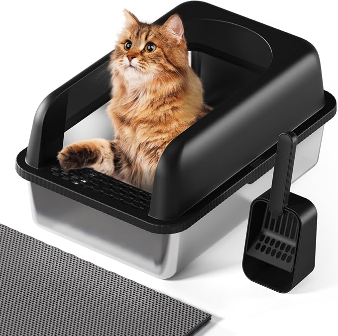 Stainless Steel Cat Litter Box with Lid, 24" L x 16" W x 11.8" H, Large Cat Litter Box for Multiple Cats with High Sided, No-Leak & Stick, Easy to Clean, Includes Litter Mat & Multi Functional Scoop-Mewly Pet