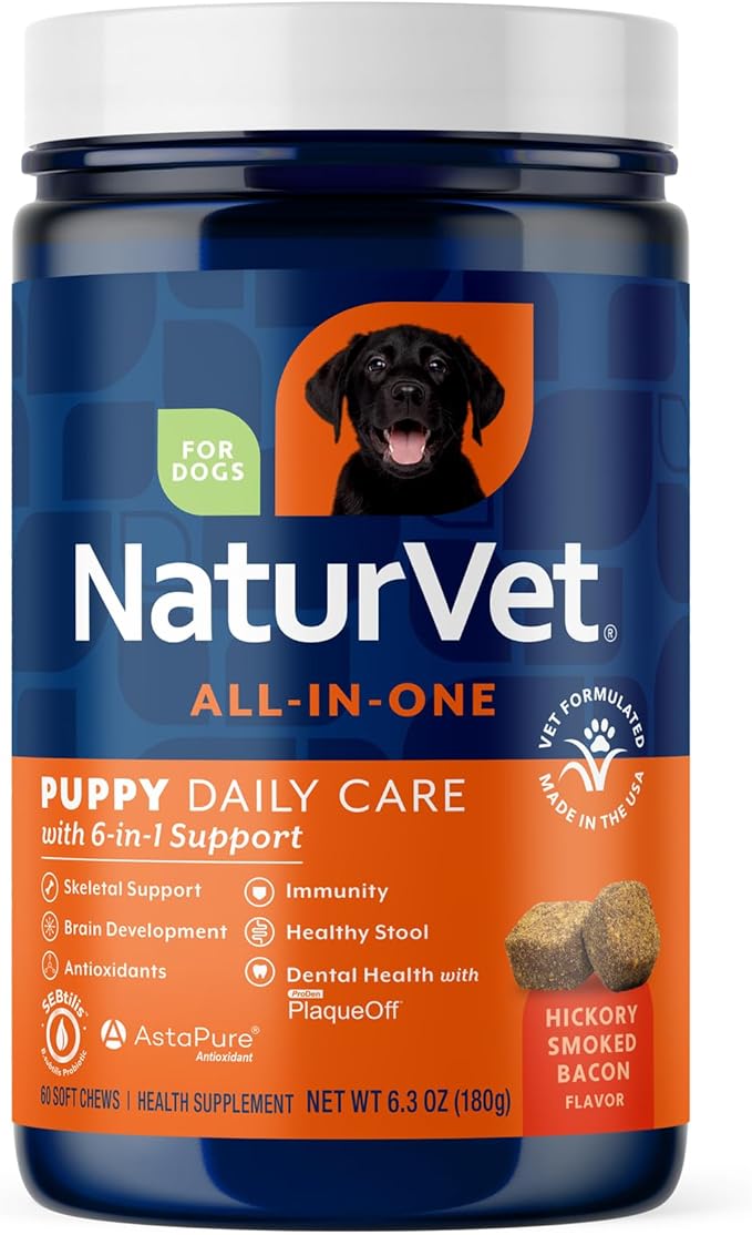 NaturVet All-In-One Puppy Daily Care, 6-In-1 Support Dog Soft Chews to Help Bones, Joints, Digestion, Teeth, Cognition, and More, Hickory Smoked Bacon Flavored Pet Supplement for Puppies, 60 Count Jar-Mewly Pet