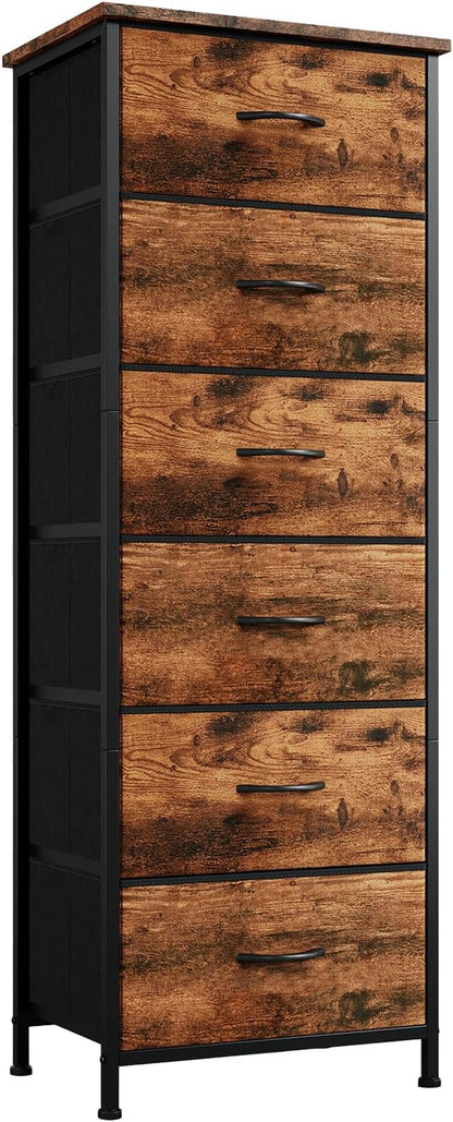Somdot Tall Dresser for Bedroom with 6 Drawers, Storage Organizer Chest of Drawers with Removable Fabric Bins for Closet Bedside Living Room Laundry Entryway Hallway, Wood Grain Print