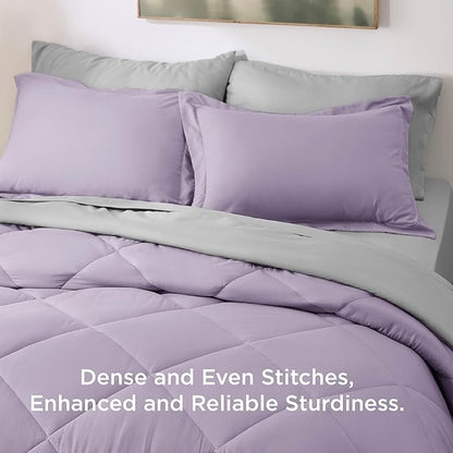 Bedsure Twin Comforter Set - 5 Pieces Reversible Light Purple Bedding, Twin Size Bed Set for All Seasons, Bed in a Bag with Down Alternative Comforter, Sheets, Pillowcase & Sham