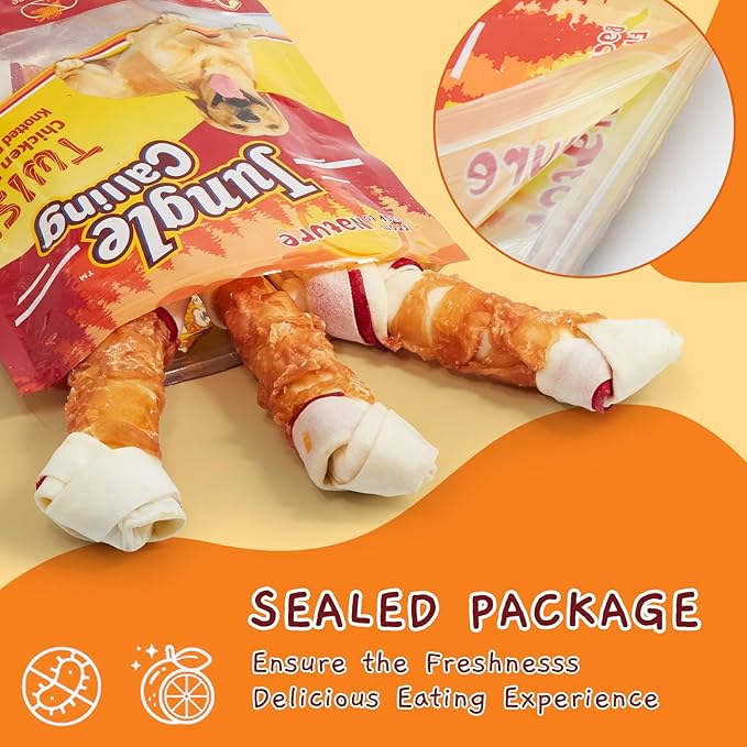 Jungle Calling Chicken Wrap Knotted Bones Dog Chews, Long Lasting Beefhide Treats Real Rawhide Bones for Large Dogs Edible Training Treats-Mewly Pet