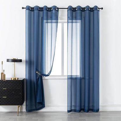 DUALIFE Navy Blue Curtains 96 Inches Long for Living Room Set of 2 Panels Grommet Window Coastal Dark Blue Sheer Curtains for Bedroom 52x96 Inch Length Indigo Blue