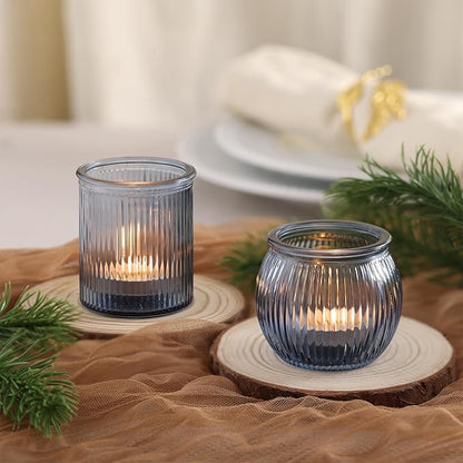 24pcs Assorted Blue Votive Candle Holders for Wedding Decorations, Ribbed Tea Lights Candle Holder Glass, Blue Candle Holders for Table Centerpiece, Party and Holiday Decorations