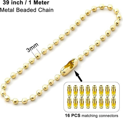 4 Pack Ceiling Fan Pull Chain Extender,Each Chain Length 39-inch(1 Meter) with 16 Connectors,Standard 3 mm Diameter Beaded Ball, Fit for Ceiling Fans and Light Fixtures Factory Pull,Golden