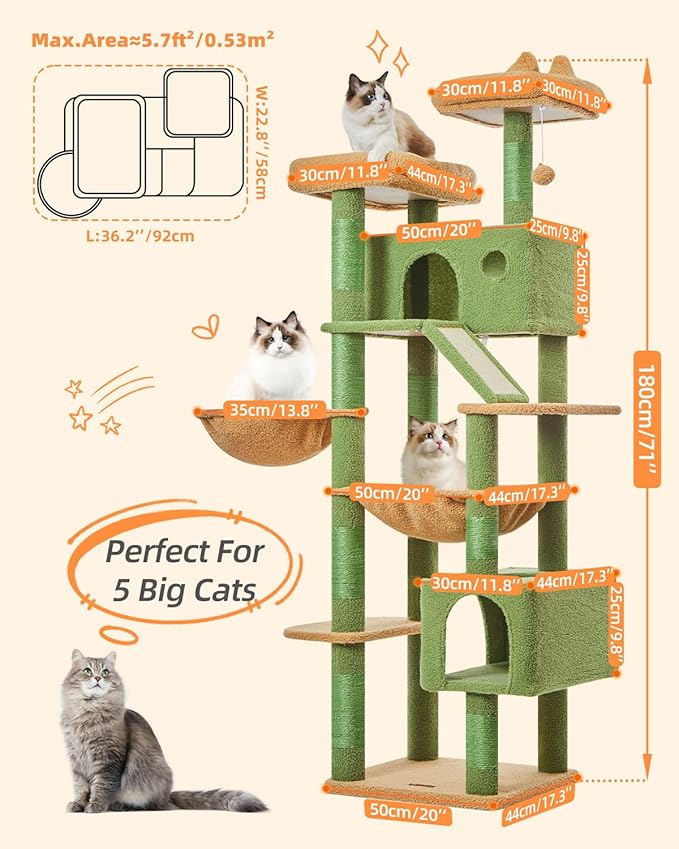 Taoqimiao Cactus Cat Tree, 71-Inch Cat Tower for Indoor Cats Large Adult, Multi-Level Large Cat Condo, 8 Sisal Scratching Posts, Metal Frame Cozy Hammock, Scratch Board, 2 Top Perches, MSC026L-Mewly Pet