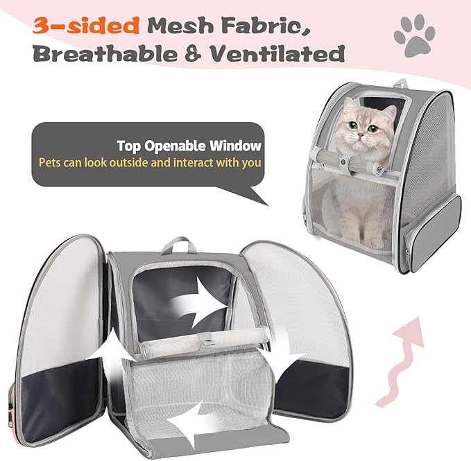 Cat Backpack Carrier,Pet Carrier Airline Approved for Small Dog Cat Puppy Kitten Bunny,Ventilated Mesh Design Animal Backpack for Hiking Camping Travel Bag (Light Grey)-Mewly Pet
