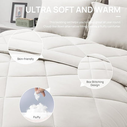 Love's cabin Full Comforter Set Off White, 7 Pieces Full Bed in a Bag, All Season Bedding Sets with 1 Comforter, 1 Flat Sheet, 1 Fitted Sheet, 2 Pillowcase and 2 Pillow Sham