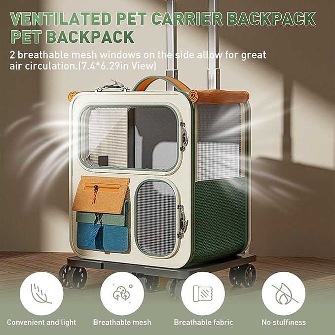 Cat Carrier with Wheels, Soft Rolling Pets Carrier Collapsible on Wheel Pet Handbag Cats Backpack, Dog Carriers up to 25 LBs Removable Cat Bag for Small Dogs Medium Cats Outing(NOT for TSA)-Mewly Pet