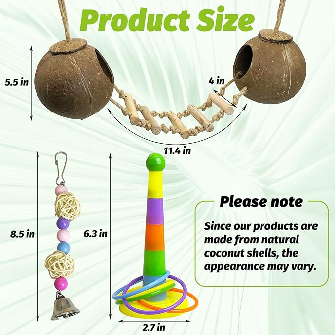 kathson 5Pcs Bird Coconut House with Ladder Parakeet Coconut Nest for Cages Parrot Hut Hanging Natural Coconut Fiber Conure Chewing Toys for Cockatiel Budgie Lovebird Cockatoos-Mewly Pet
