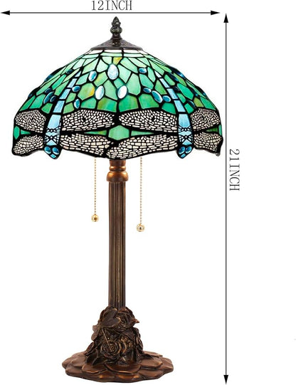 Tiffany Stained Glass Table Lamp 12X12X21Inch Resin Base Desk Bedroom Living Room Reading Light (Green Dragonfly)
