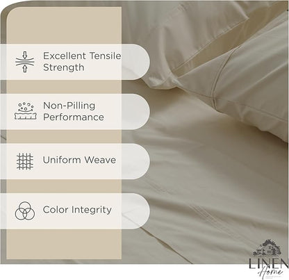Linen Home 100% Cotton Percale Sheets Twin Size,Light Taupe, Deep Pocket, 3 Pieces Set - 1 Flat, 1 Deep Pocket Fitted Sheet and 1 Pillowcase, Crisp Cool and Strong Bed Linen