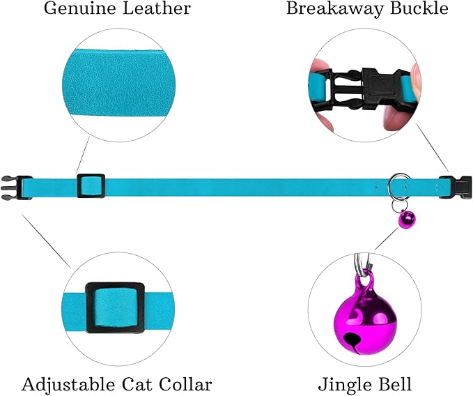 Breakaway Cat Collar Leather with Removable Bell - 13 Colors Available - Soft Adjustable Girl Boy Safety Lightweight Pet Kitten Collars Pink Brown Blue Green Red Orange Black (Aquamarine)-Mewly Pet