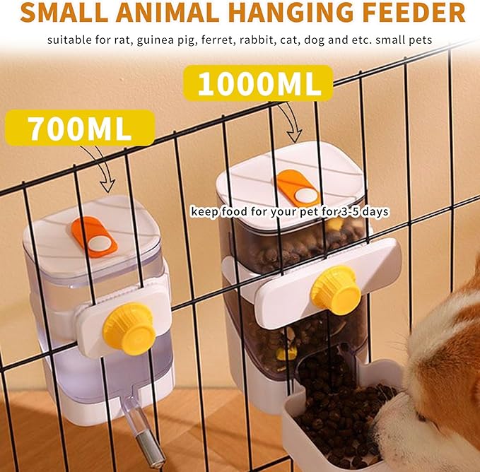 34oz Automatic Rabbit Feeder for Cages, Hanging Auto Bunny Food Bowl Dispenser Small Aniaml Cage Accessories for Ferret Guinea Pig Rat Rabbit Cat Puppy (White)-Mewly Pet
