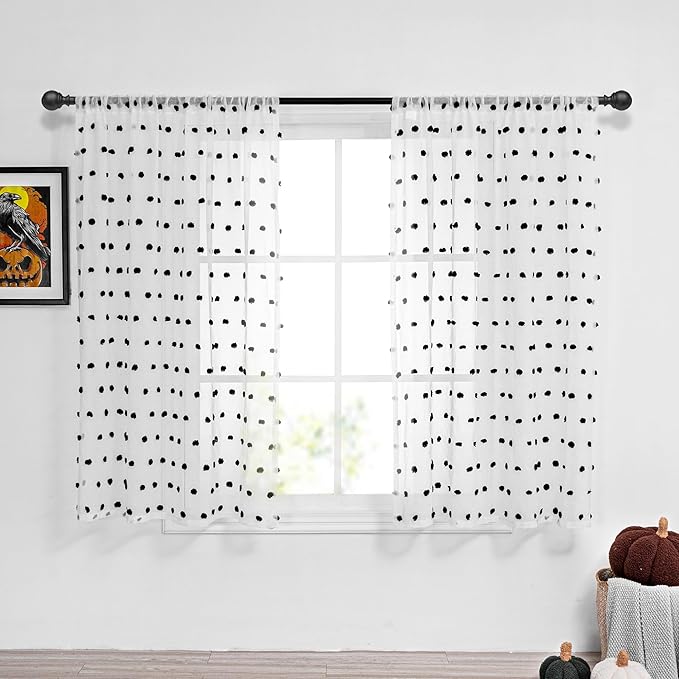 MYSKY HOME Short Pom Pom Sheer Curtains for Bedroom, Kitchen, Bathroom, Nursery, Boys Kids Room - Black, 52" x 54", Rod Pocket, 2 Panels, Halloween Small Window Curtains