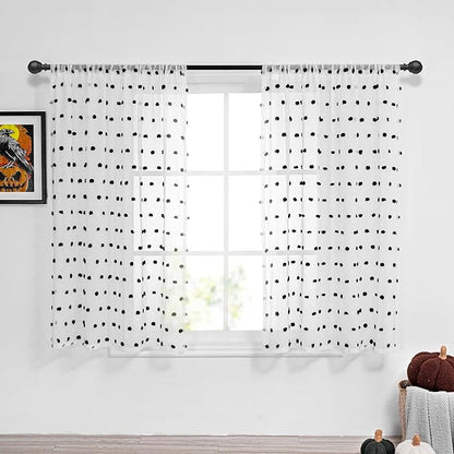 MYSKY HOME 45 Inches Black Pom Pom Sheer Curtains, 2 Panels, 52"W x 45"L, Bedroom, Kitchen, Nursery Room, Rod Pocket, Modern, Unisex, Halloween, Art, Polyester, Sheer, 2 Count
