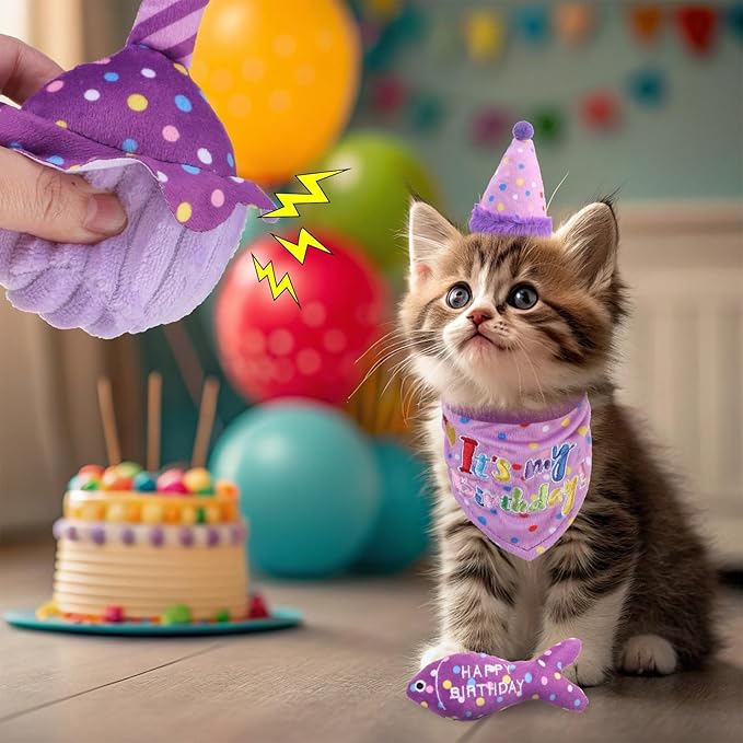 BINGPET Cat Birthday Catnip Toys for Indoor Cats,Cat Birthday Hat,Bandana and Cat Birthday Cake Interactive Plush Kitten Chew Toys,Cute Fish,Balloon Toys with Crinkle Paper and Catnip Inside(Purple)-Mewly Pet