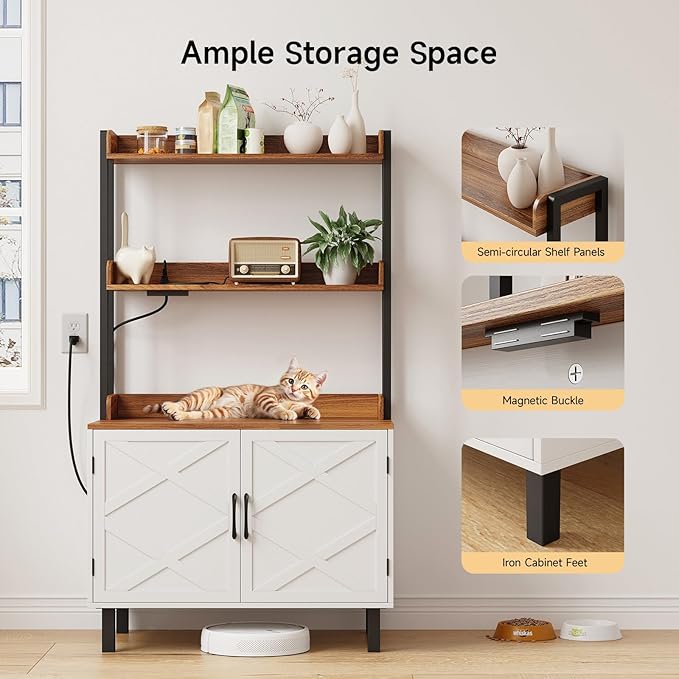 55 Inches Cat Litter Box Enclosure, Hidden Litter Box Furniture with 2 Storage Shelves and Charging Sockets, Wooden Cat House, Large Indoor Cabinet for Living Room & Entryway, White-Mewly Pet