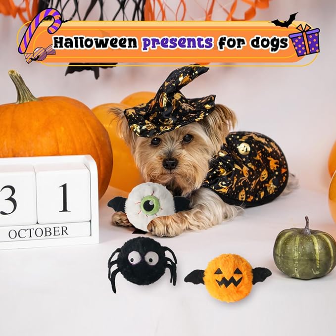 DKING 3Pack Squeaky Dog Balls,2 in1 Funny Puppy Ball Toys,Birthday Dog Toy for Small Medium Dogs (Halloween Ball)-Mewly Pet