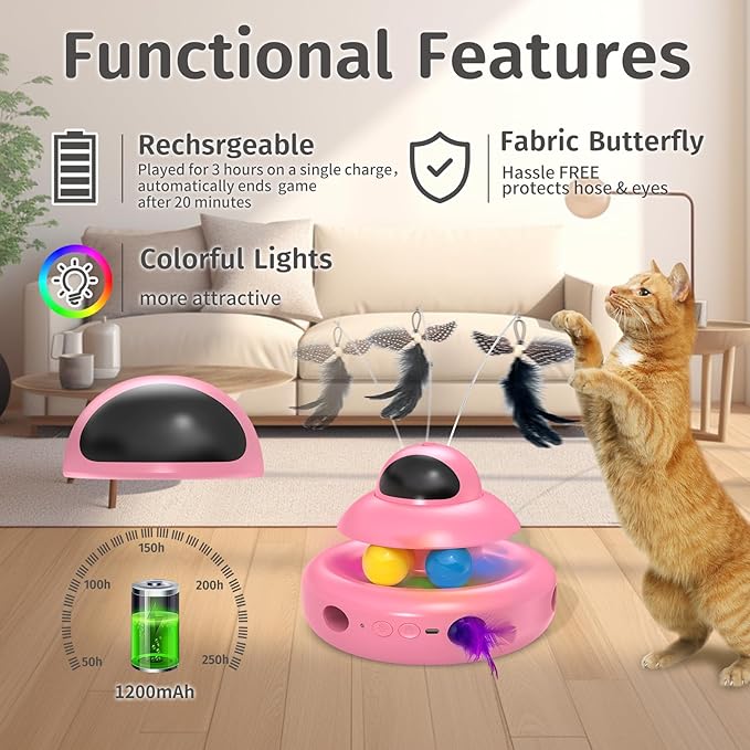 Automatic Cat Toys,4-in-1 InteractiveCat Toys for Bored Indoor Adult Cats, Electric Flying Butterfly,Rechargeable Moving Ambush Feather,Pink Kitter Toy Track Balls-Mewly Pet
