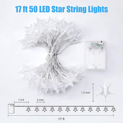 Minetom Star String Lights Battery Operated - 17 ft 50 LED Star Fairy String Lights with Timer, Waterproof for Indoor Bedroom Tent Loft Bed Patio Party Wedding Decor, White