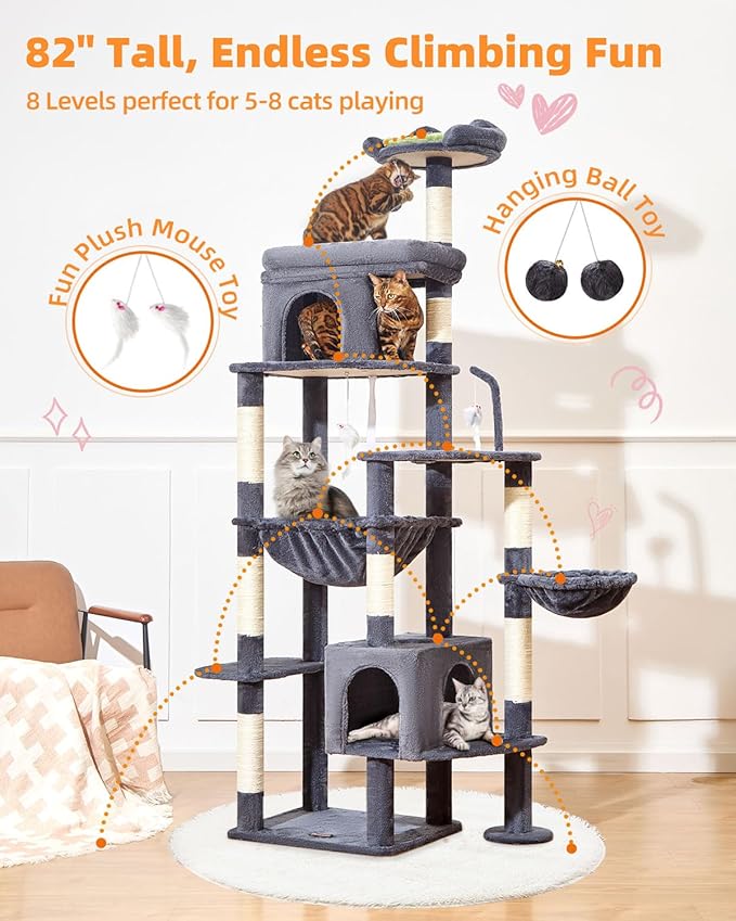 Taoqimiao 83In Heavy Duty Cat Tree, Suitable 20lb+ Large Cats, XXL-Cat Tower for Indoor Cats Large Adult, 2 Luxurious Cat Cando with 8 Scratching Posts,Oversized Metal Hammocks,Smoky Gray MS032G-Mewly Pet