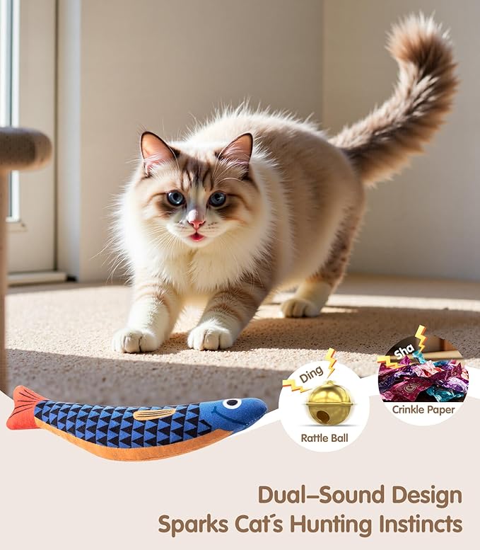 Interactive Cat Toys with[5000mg Premium A+Catnip][Baby Grade] Soft Chew Kicker Cat Toys for Indoor Cats & Kittens, Crinkle &Rattle Fish Sound Toy, Drives Bored Cats Crazy with Fun,3 Pack-Mewly Pet
